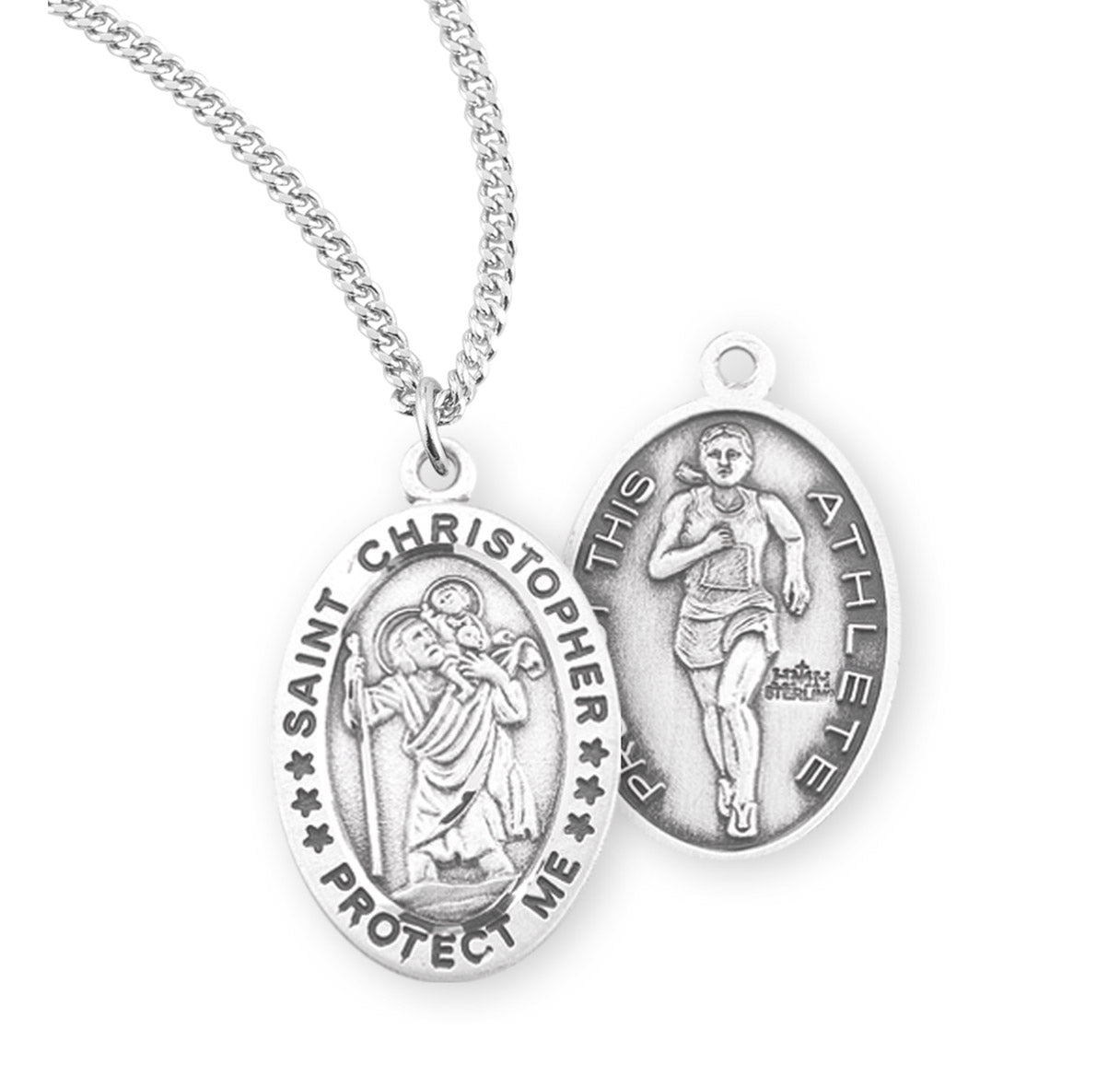 Saint Christopher Oval Sterling Silver Female Track Athlete Medal Pendant with Chain