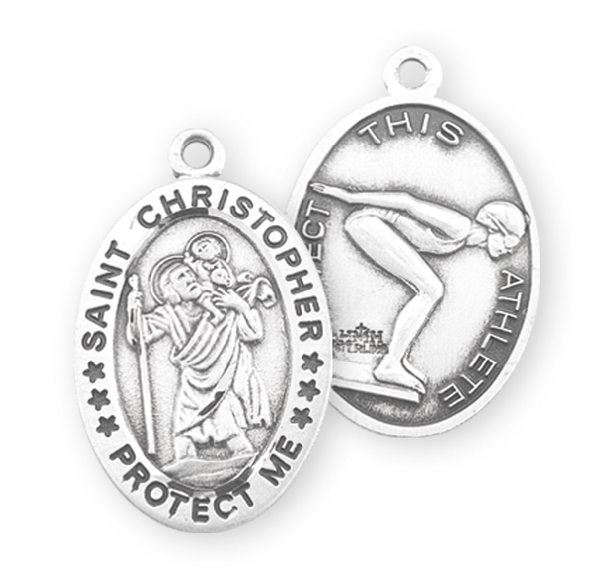 Saint Christopher Oval Sterling Silver Female Swimming Athlete Medal Pendant with Chain