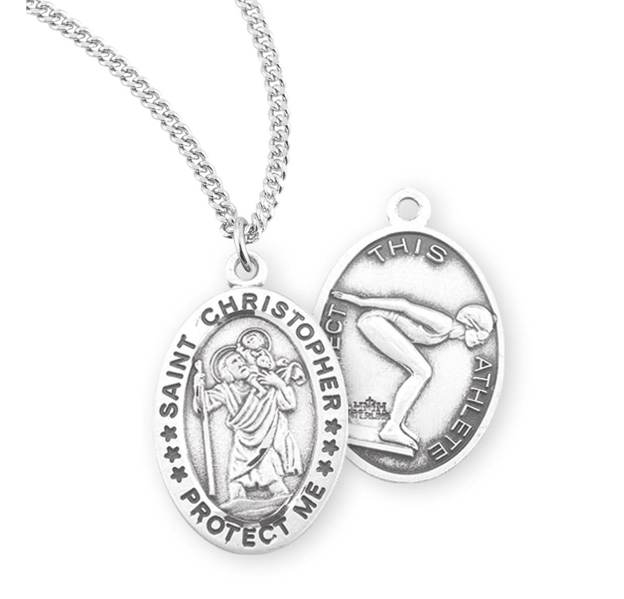 Saint Christopher Oval Sterling Silver Female Swimming Athlete Medal Pendant with Chain