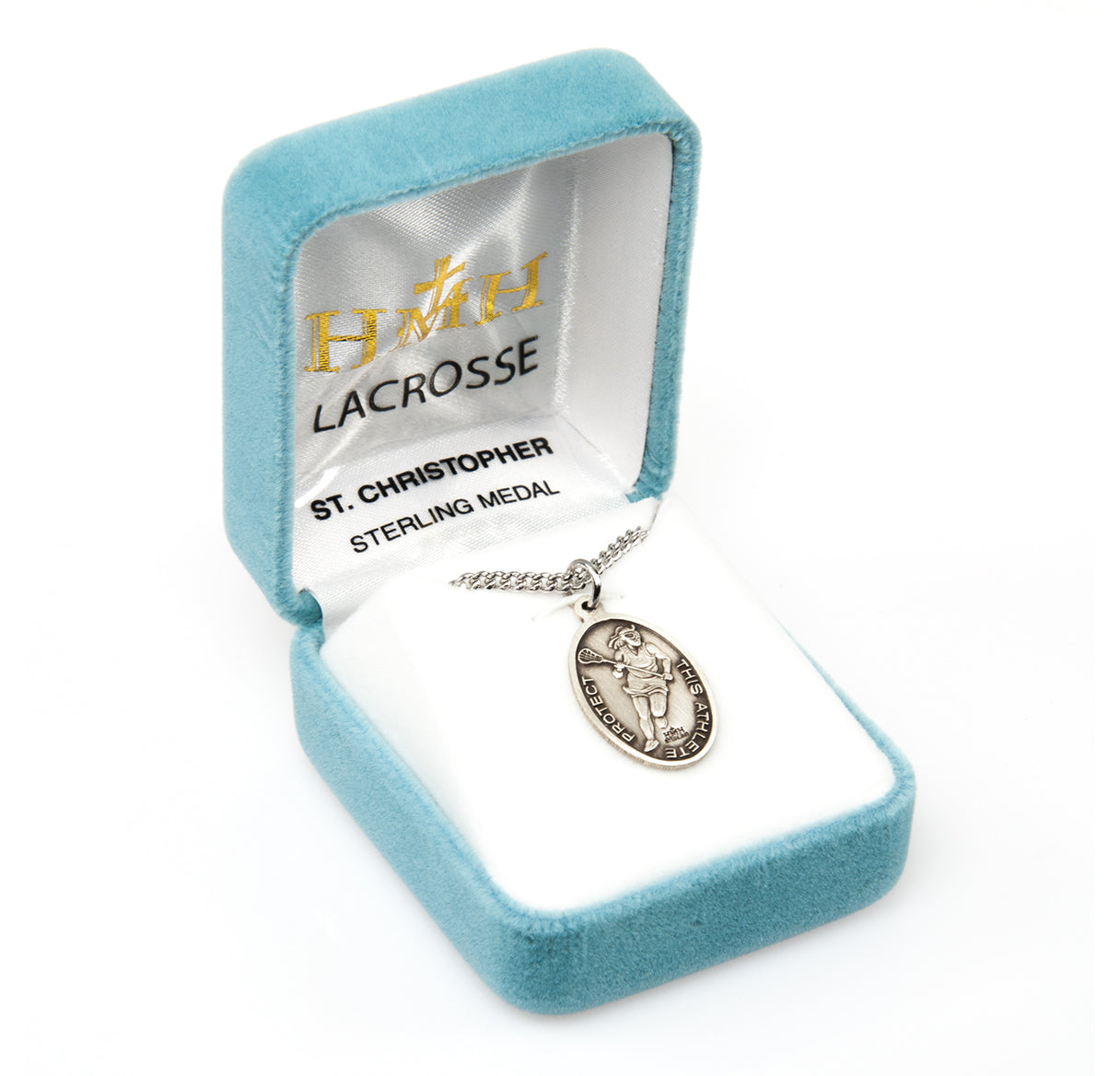 Saint Christopher Oval Sterling Silver Female Lacrosse Athlete Medal Pendant with Chain