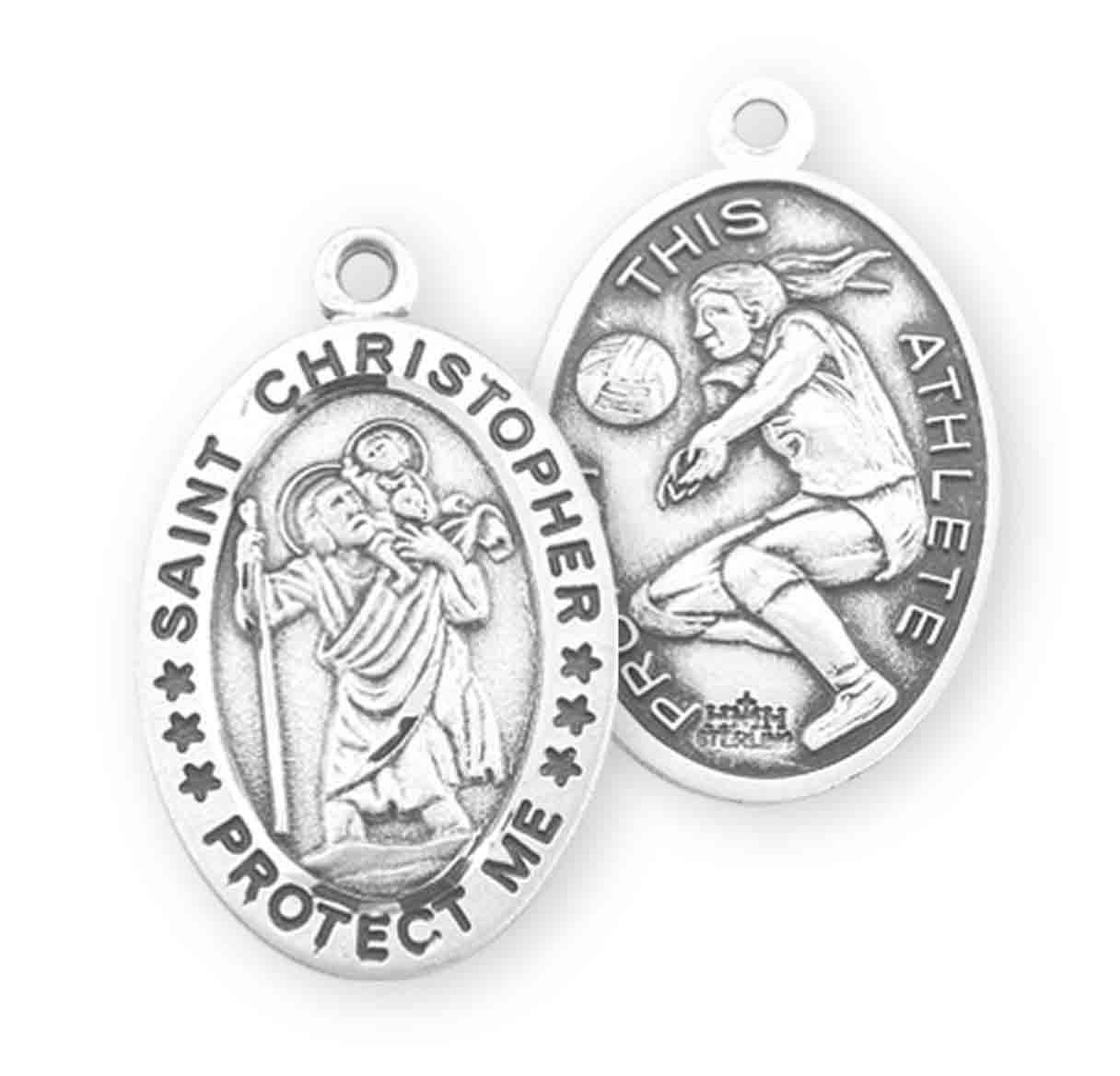 Saint Christopher Oval Sterling Silver Female Volleyball Athlete Medal Pendant with Chain