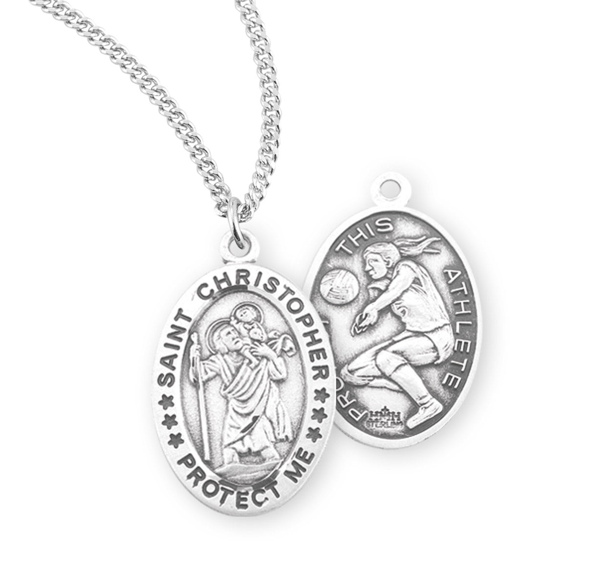 Saint Christopher Oval Sterling Silver Female Volleyball Athlete Medal Pendant with Chain