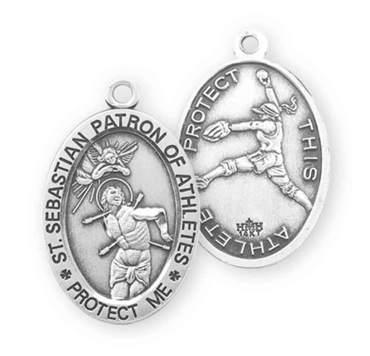 Saint Sebastian Oval Sterling Silver Female Softball Athlete Medal Pendant with Chain
