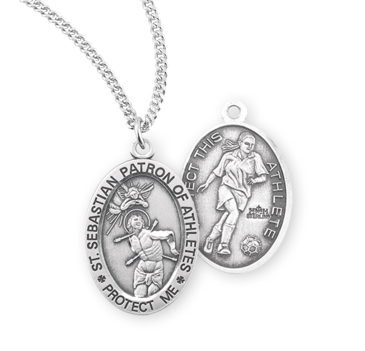 Saint Sebastian Oval Sterling Silver Female Soccer Athlete Medal Pendant with Chain