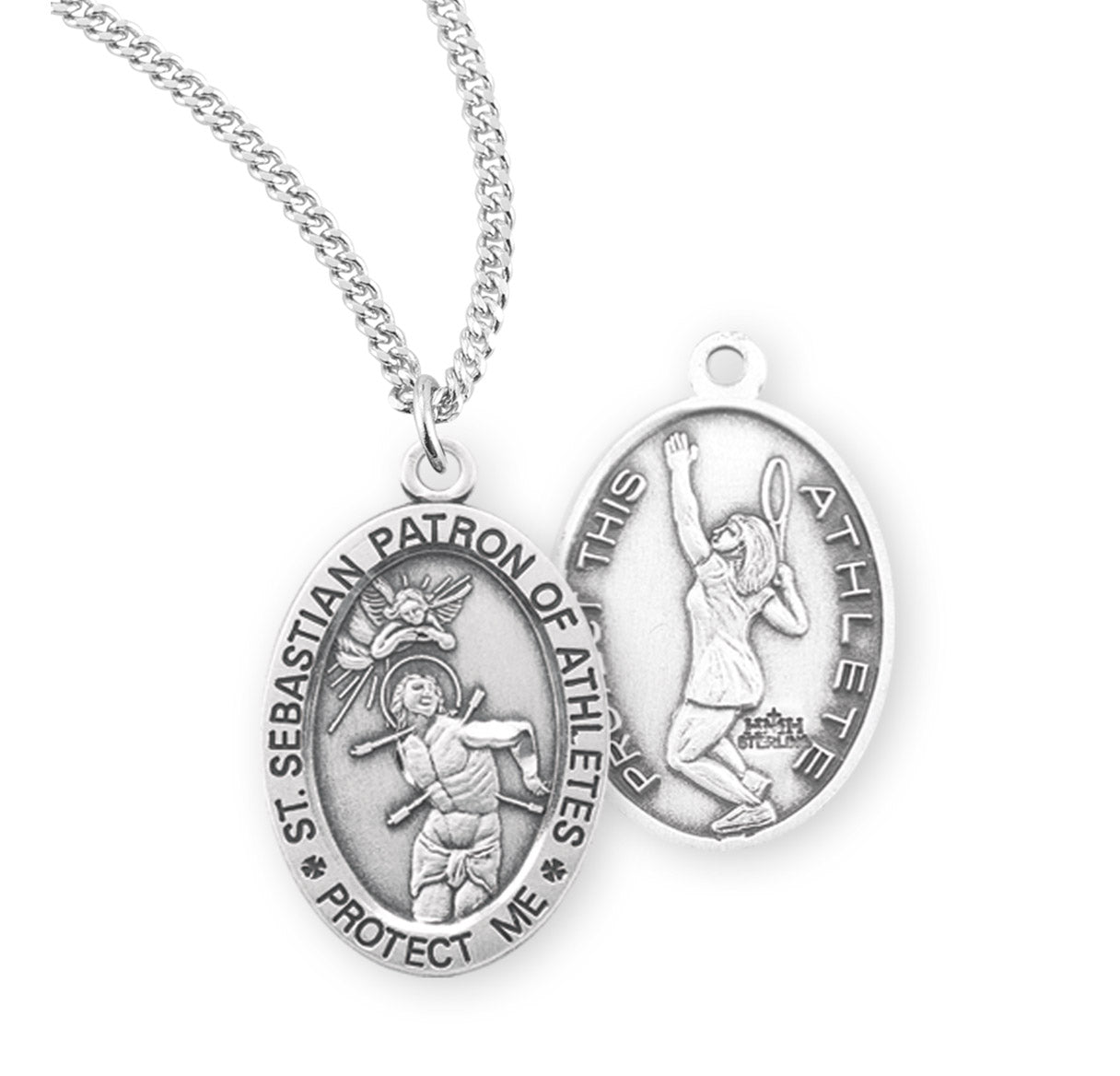 Saint Sebastian Oval Sterling Silver Female Tennis Athlete Medal Pendant with Chain