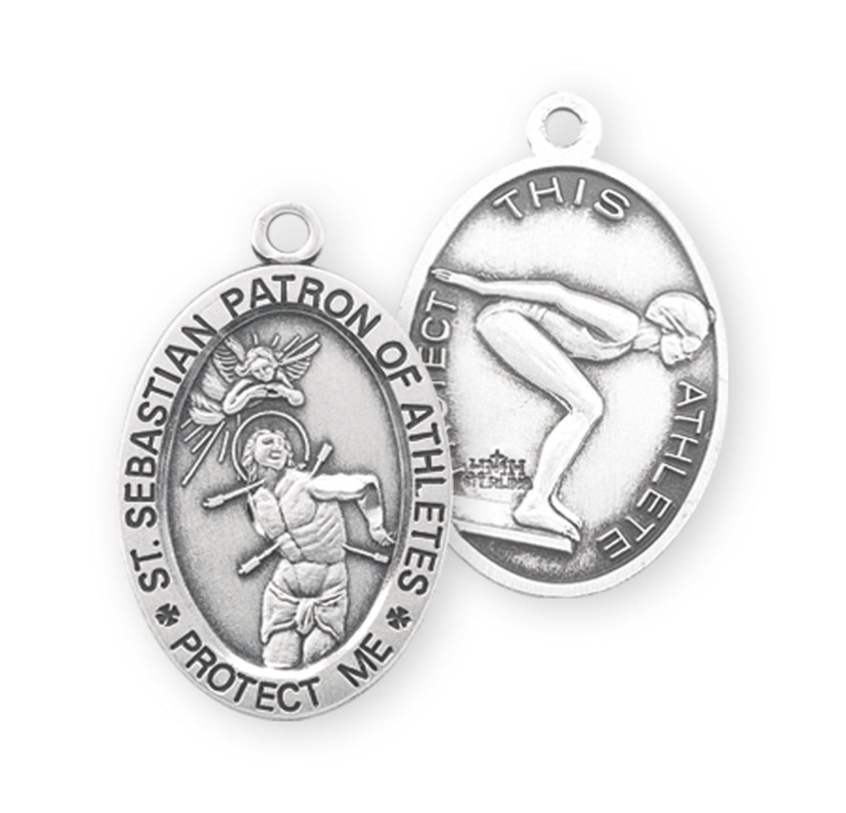 Saint Sebastian Oval Sterling Silver Female Lacrosse Athlete Medal Pendant with Chain