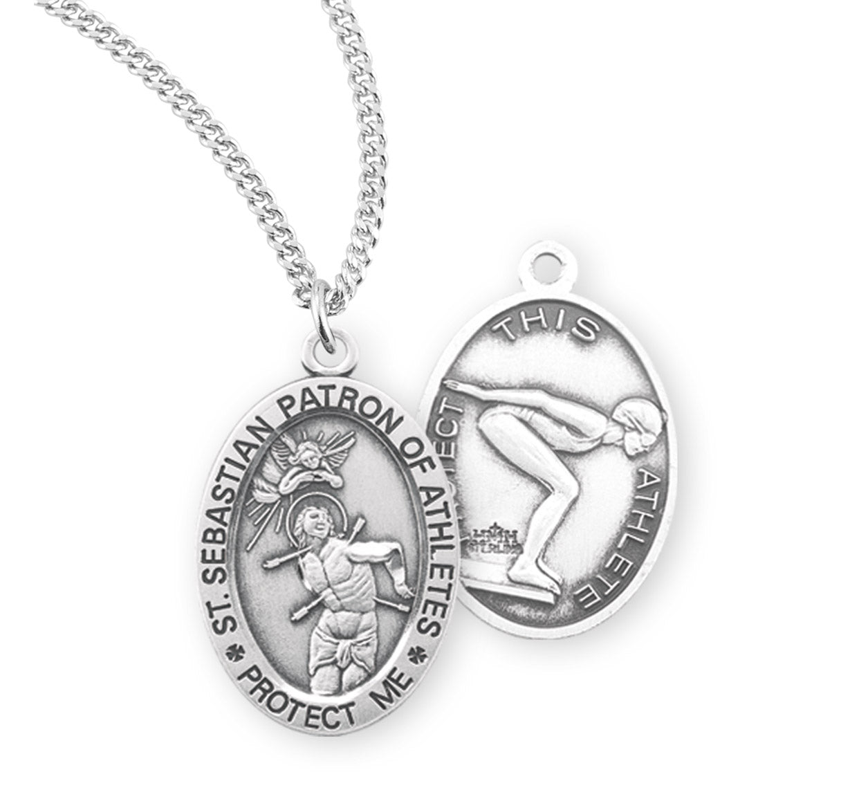 Saint Sebastian Oval Sterling Silver Female Lacrosse Athlete Medal Pendant with Chain