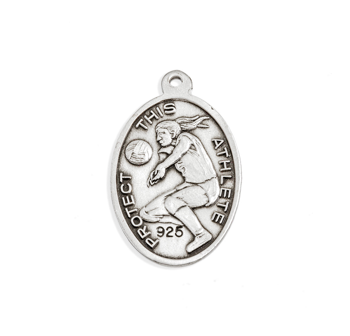 Saint Sebastian Oval Sterling Silver Female Volleyball Athlete Medal Pendant with Chain