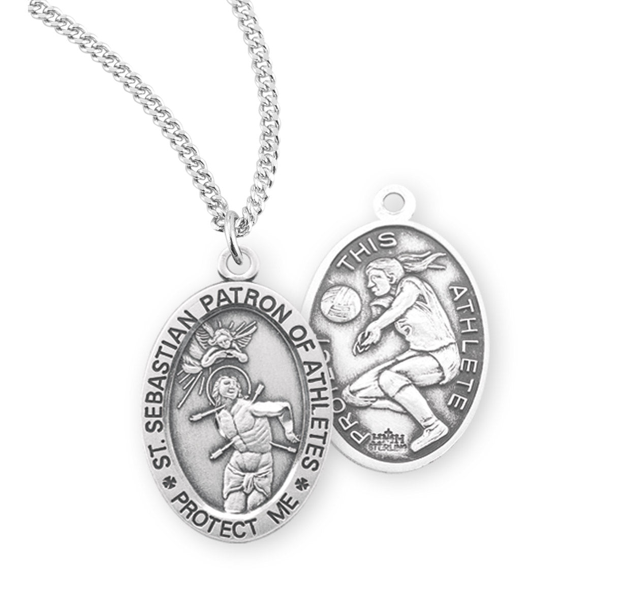 Saint Sebastian Oval Sterling Silver Female Volleyball Athlete Medal Pendant with Chain