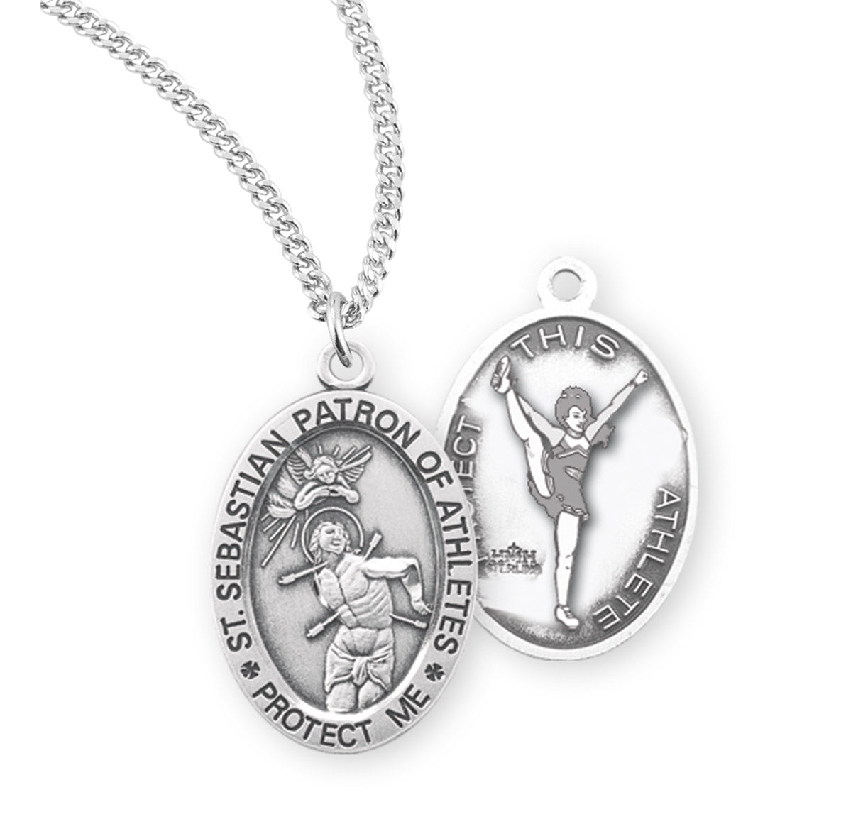 Saint Sebastian Oval Sterling Silver Female Cheer Athlete Medal Pendant with Chain