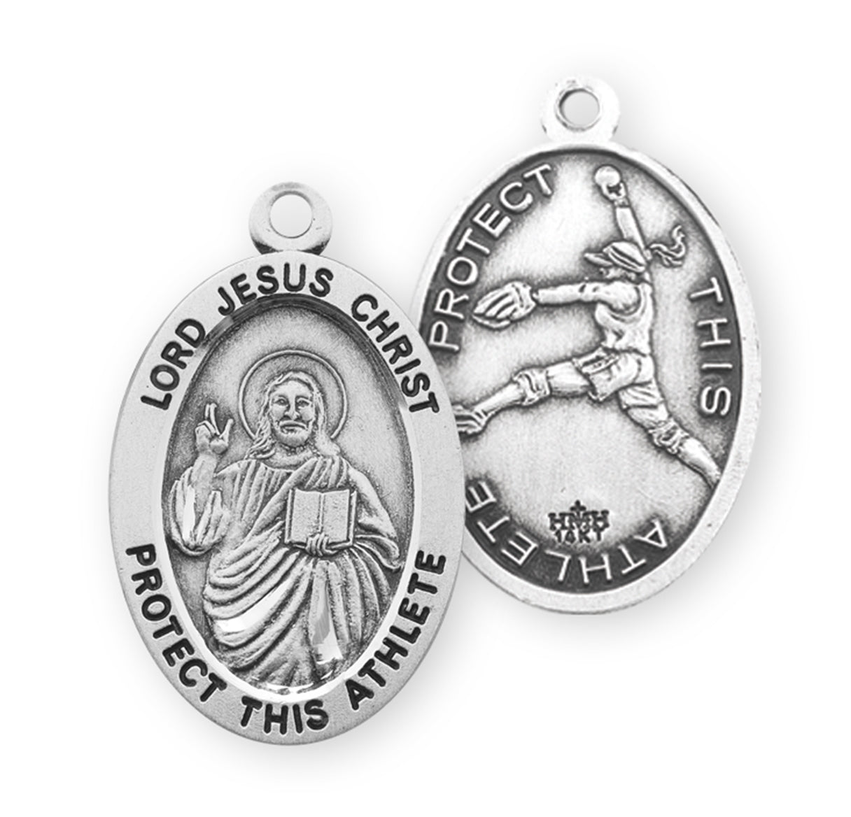 Lord Jesus Christ Oval Sterling Silver Female Softball Athlete Medal Pendant with Chain