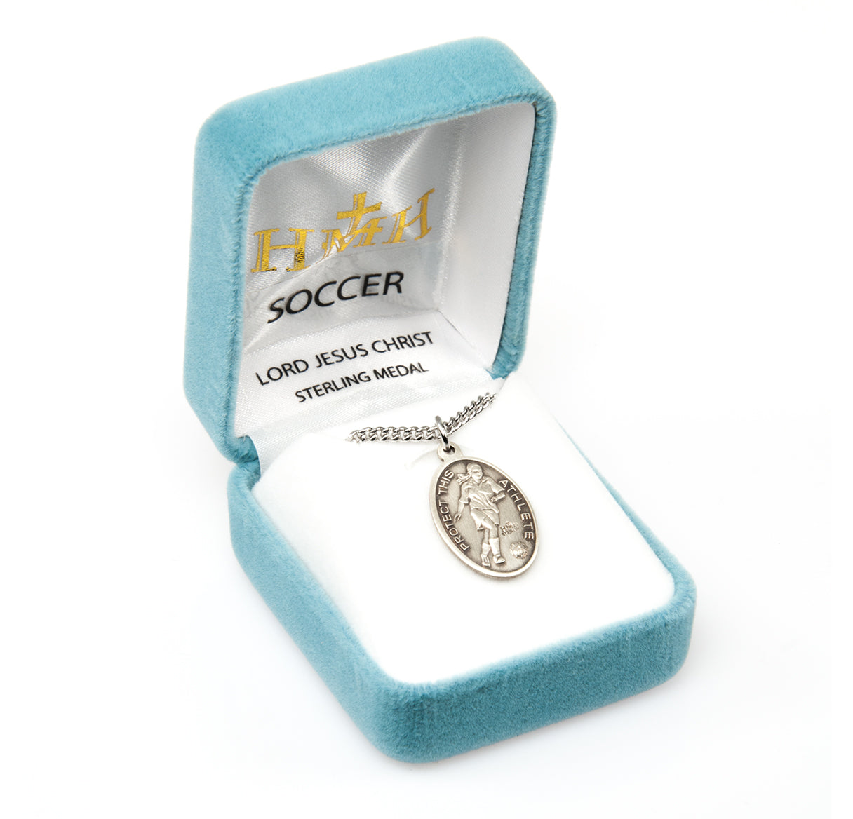 Lord Jesus Christ Oval Sterling Silver Female Soccer Athlete Medal Pendant with Chain