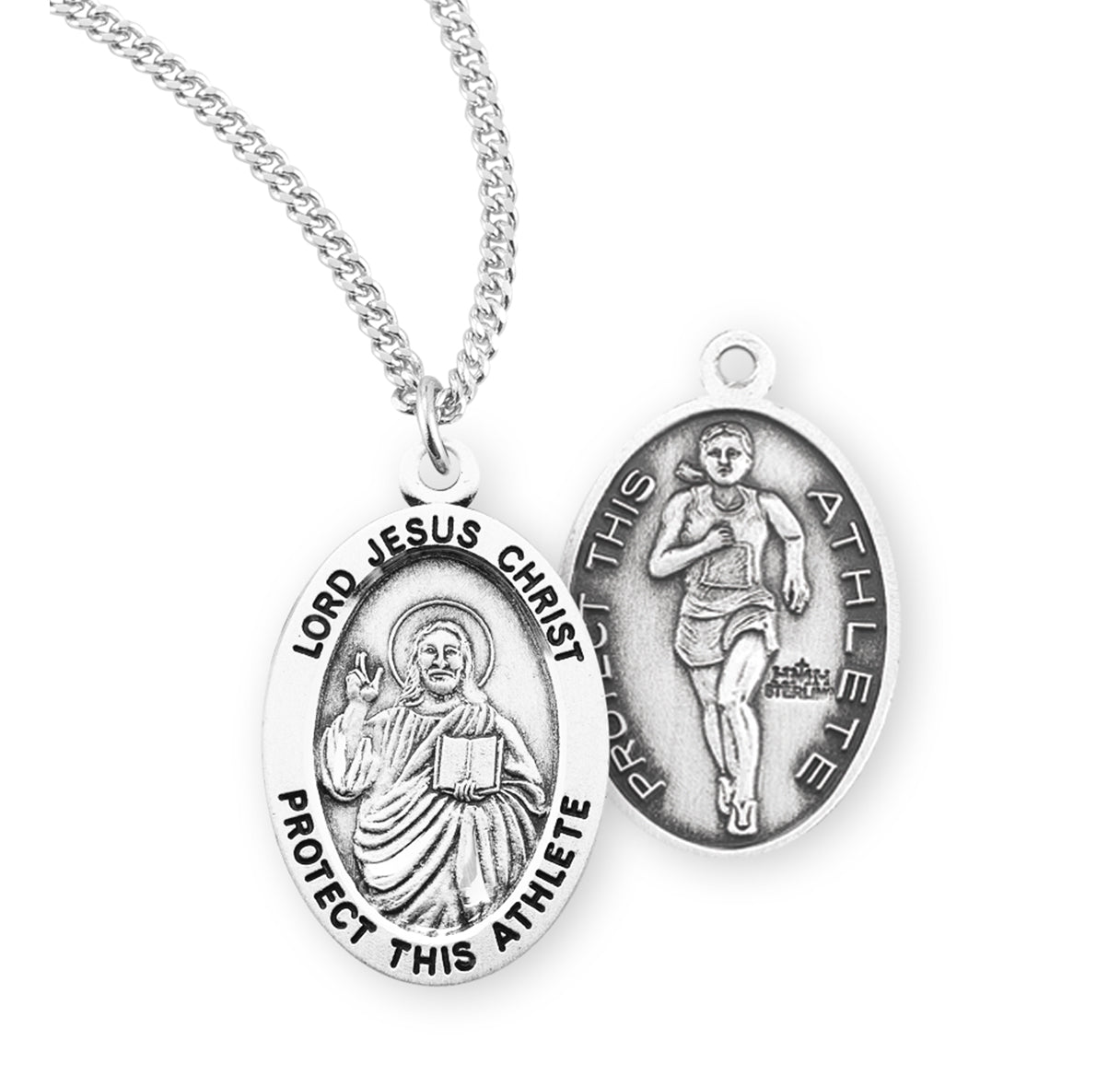 Lord Jesus Christ Oval Sterling Silver Female Track Athlete Medal Pendant with Chain