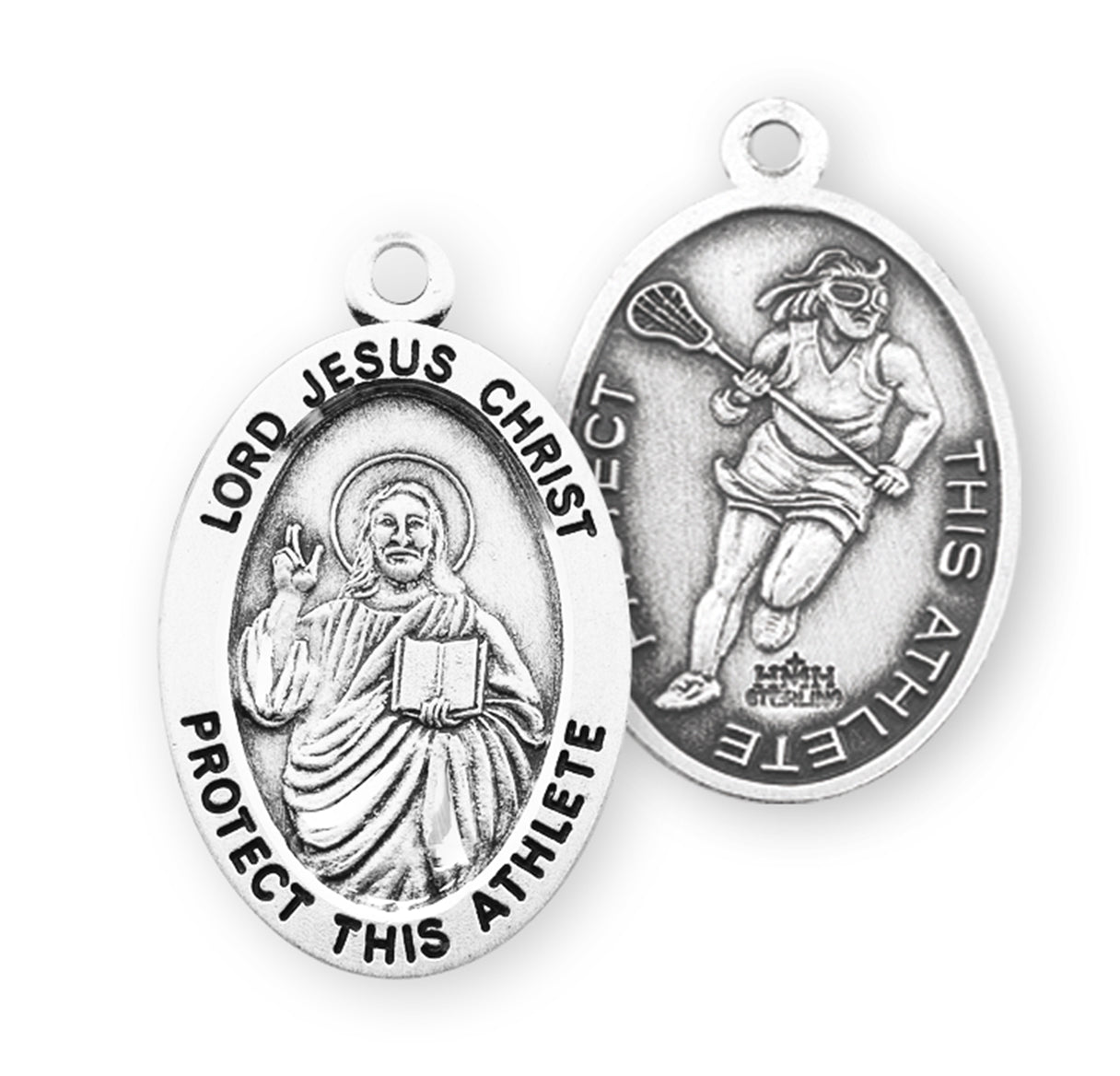 Lord Jesus Christ Oval Sterling Silver Female Lacrosse Athlete Medal Pendant with Chain