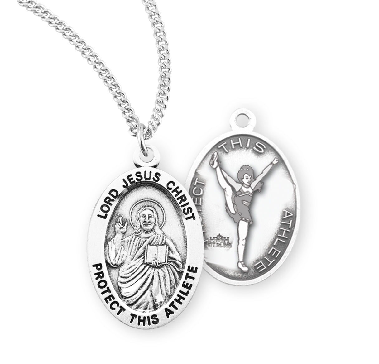 Lord Jesus Christ Oval Sterling Silver Female Cheer Athlete Medal Pendant with Chain