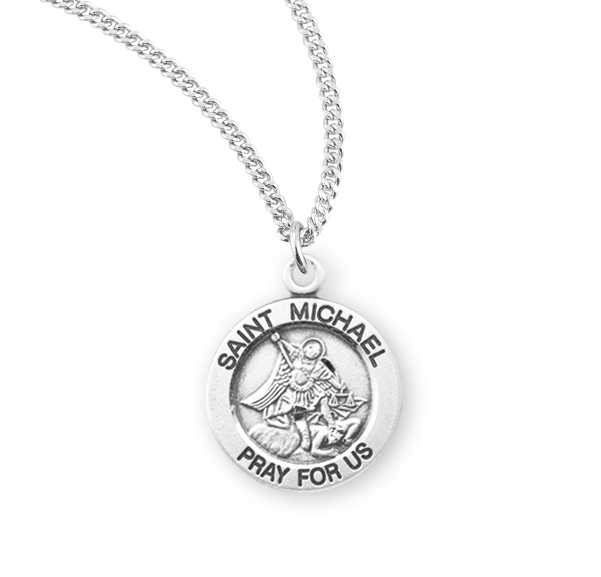 Patron Saint Michael Round Sterling Silver Medal Pendant with Chain
