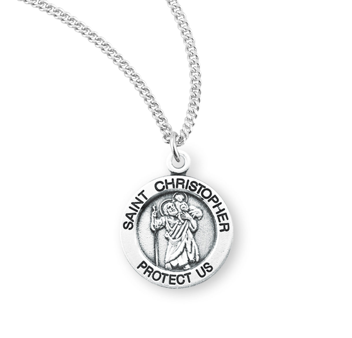 Patron Saint Christopher Round Sterling Silver Medal Pendant with Chain