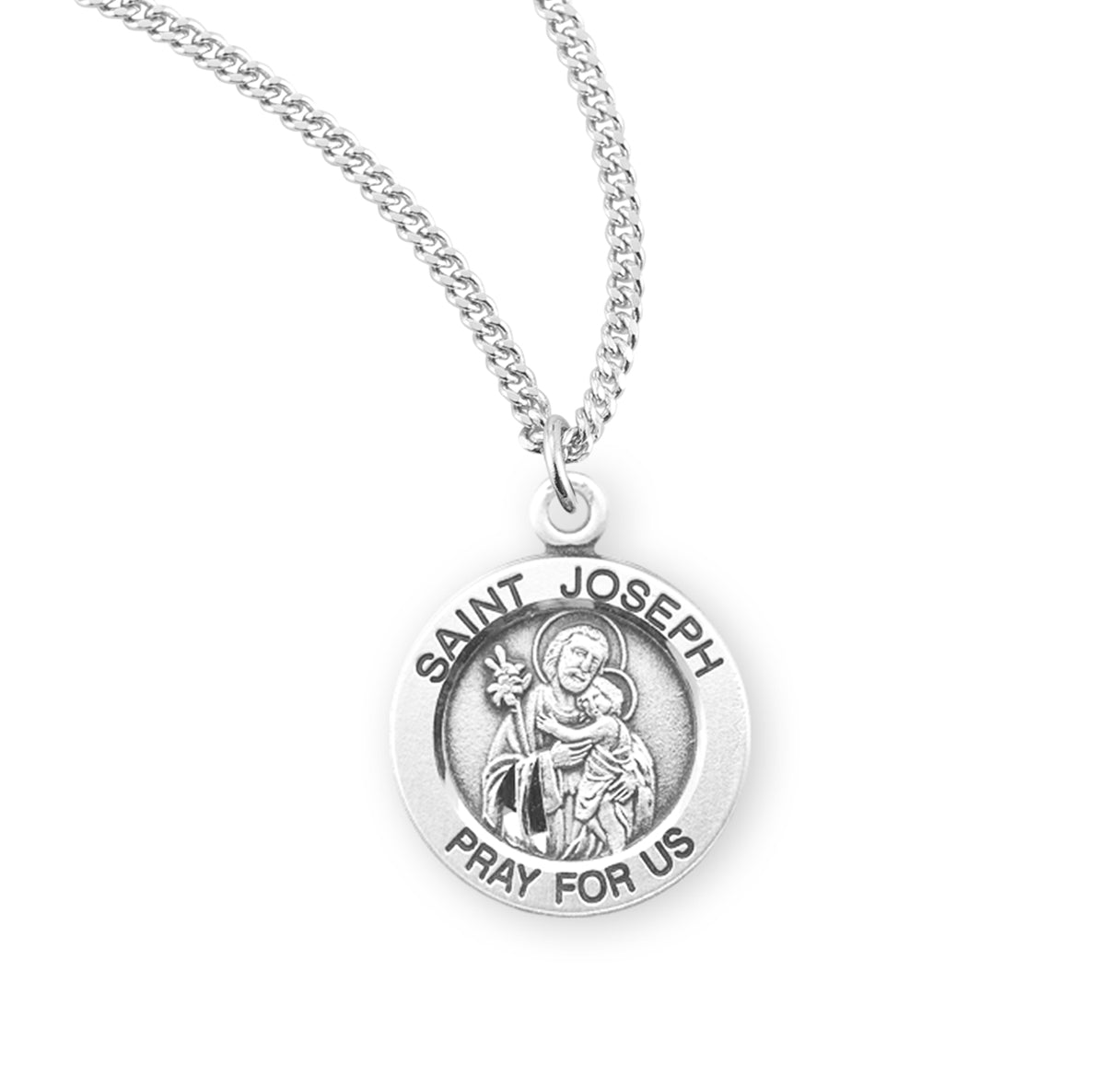 Patron Saint Joseph Round Sterling Silver Medal Pendant with Chain