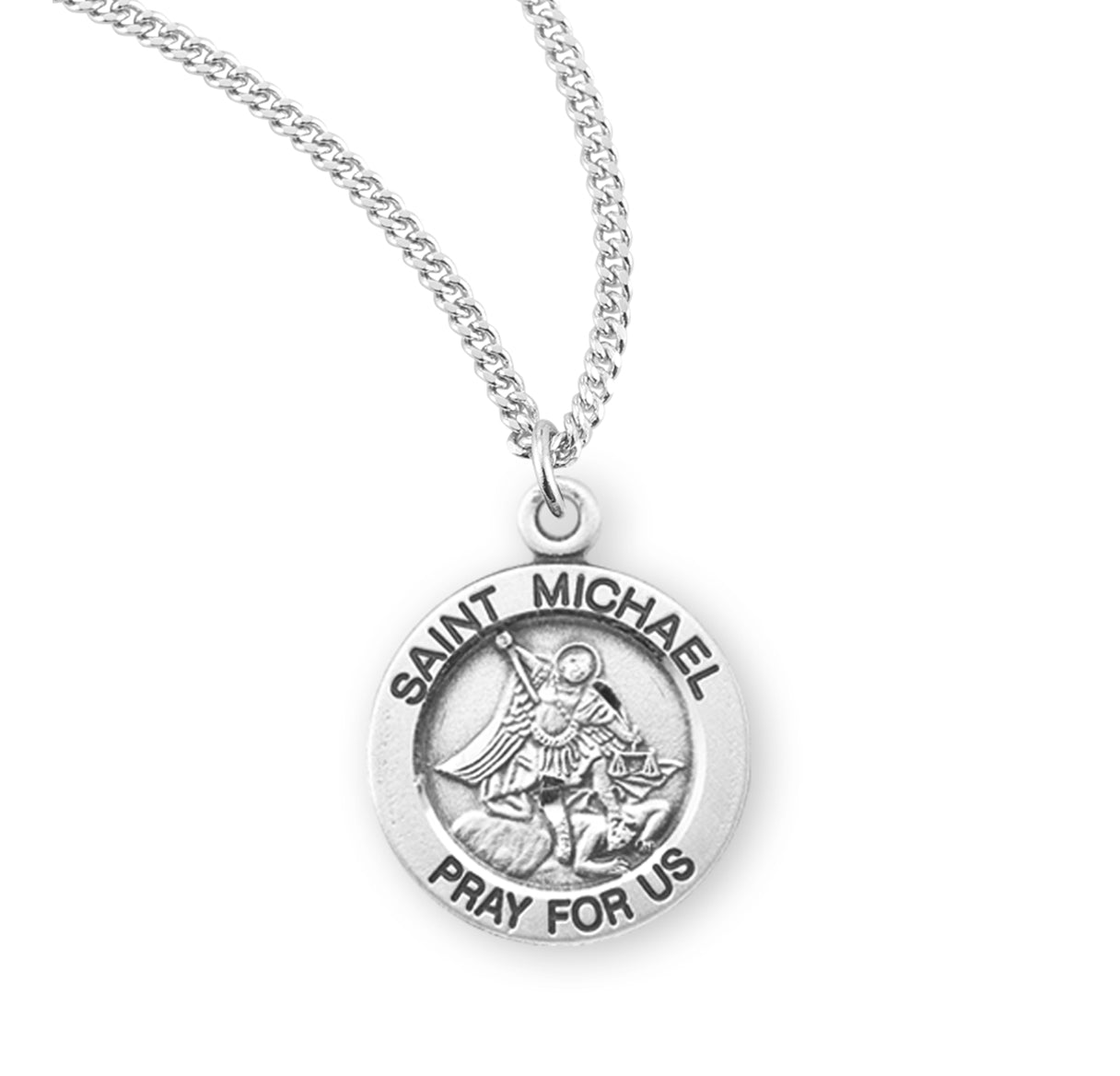 Patron Saint Michael Round Sterling Silver Medal Pendant with Chain