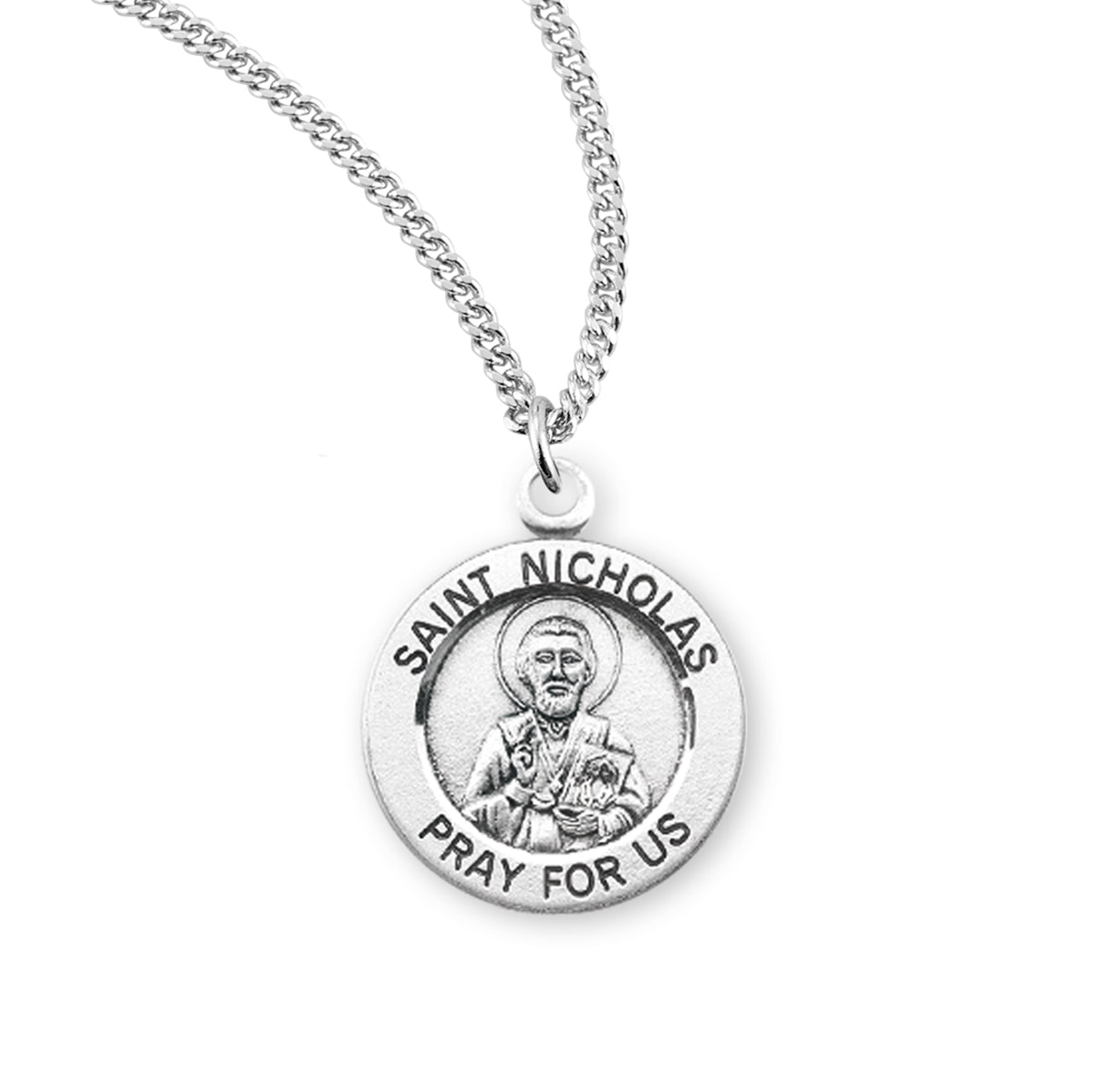 Patron Saint Nicholas Round Sterling Silver Medal Pendant with Chain