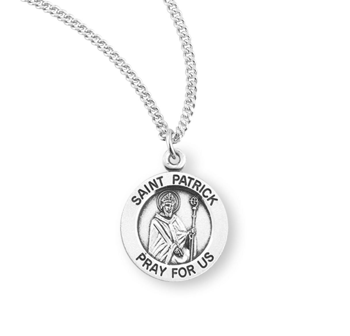 Patron Saint Patrick Round Sterling Silver Medal Pendant with Chain