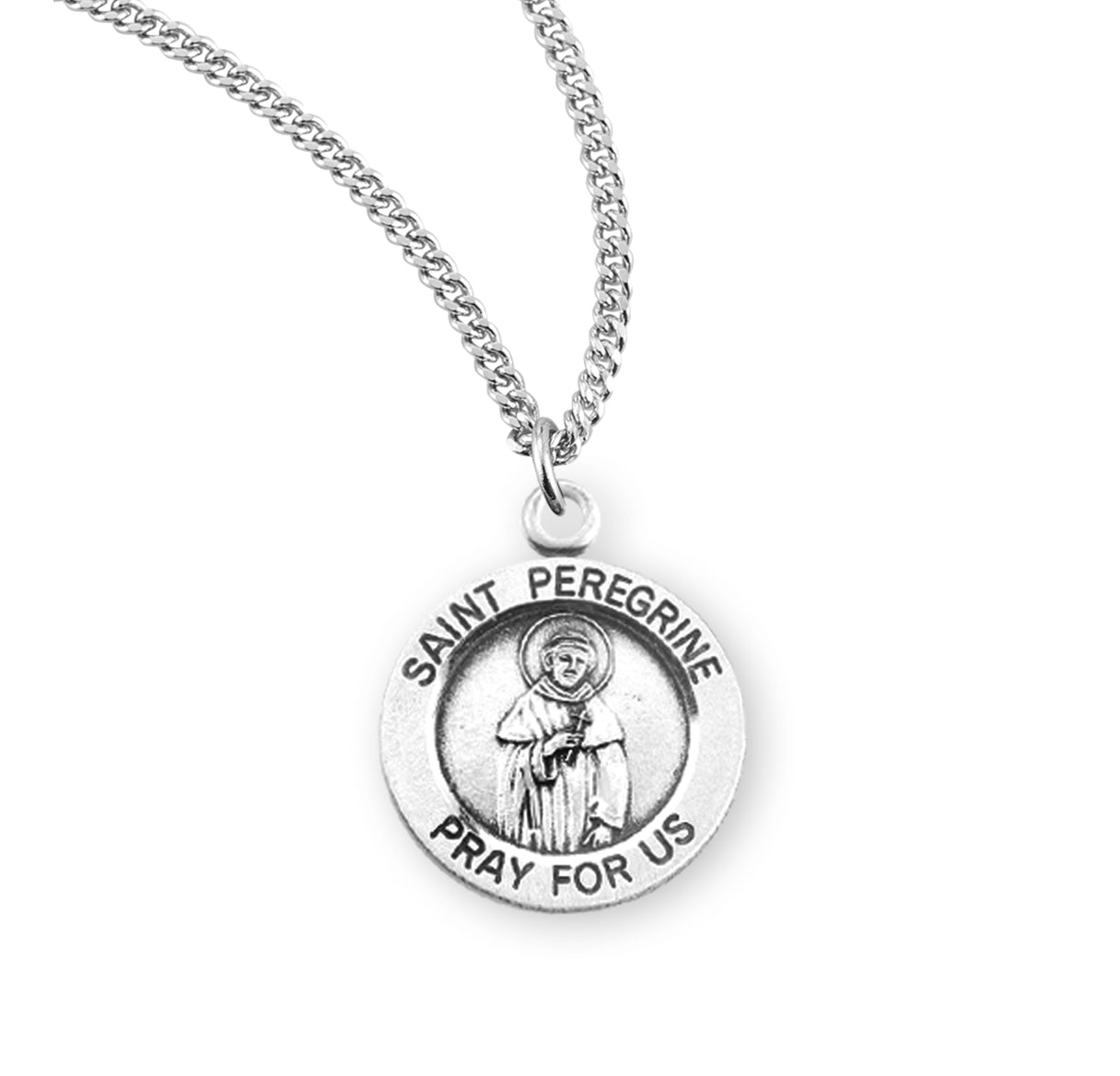 Patron Saint Peregrine Round Sterling Silver Medal Pendant with Chain
