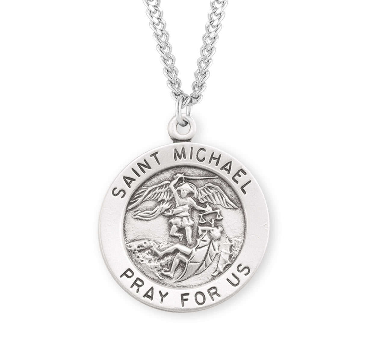 Patron Saint Michael the Archangel Round Sterling Silver Medal Pendant with Chain