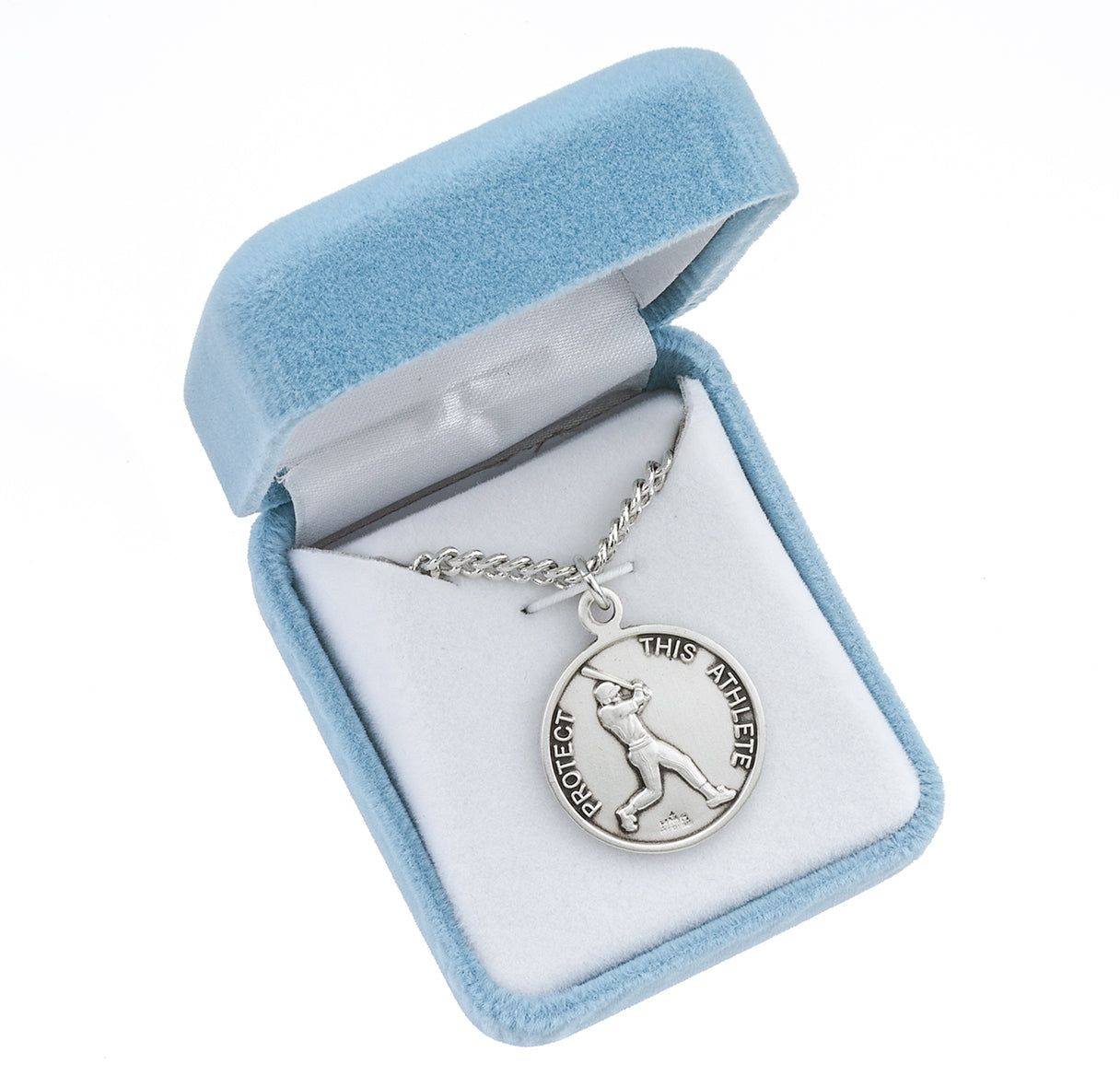 Saint Christopher Round Sterling Silver Baseball Male Athlete Medal Pendant with Chain