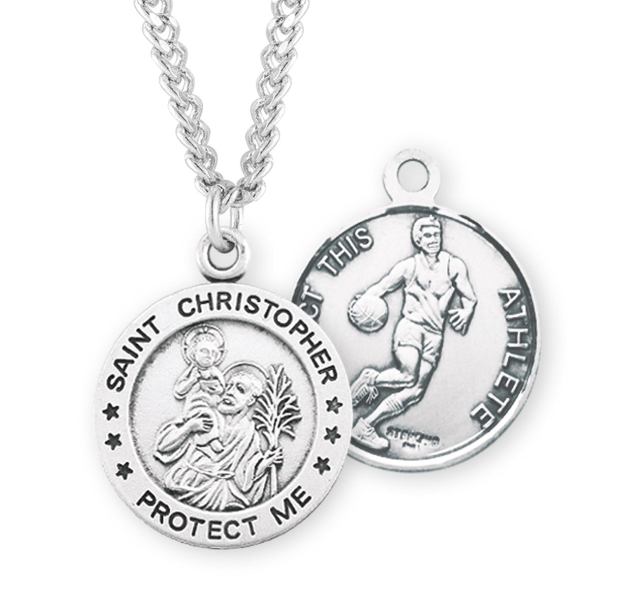 Saint Christopher Round Sterling Silver Basketball Male Athlete Medal Pendant with Chain
