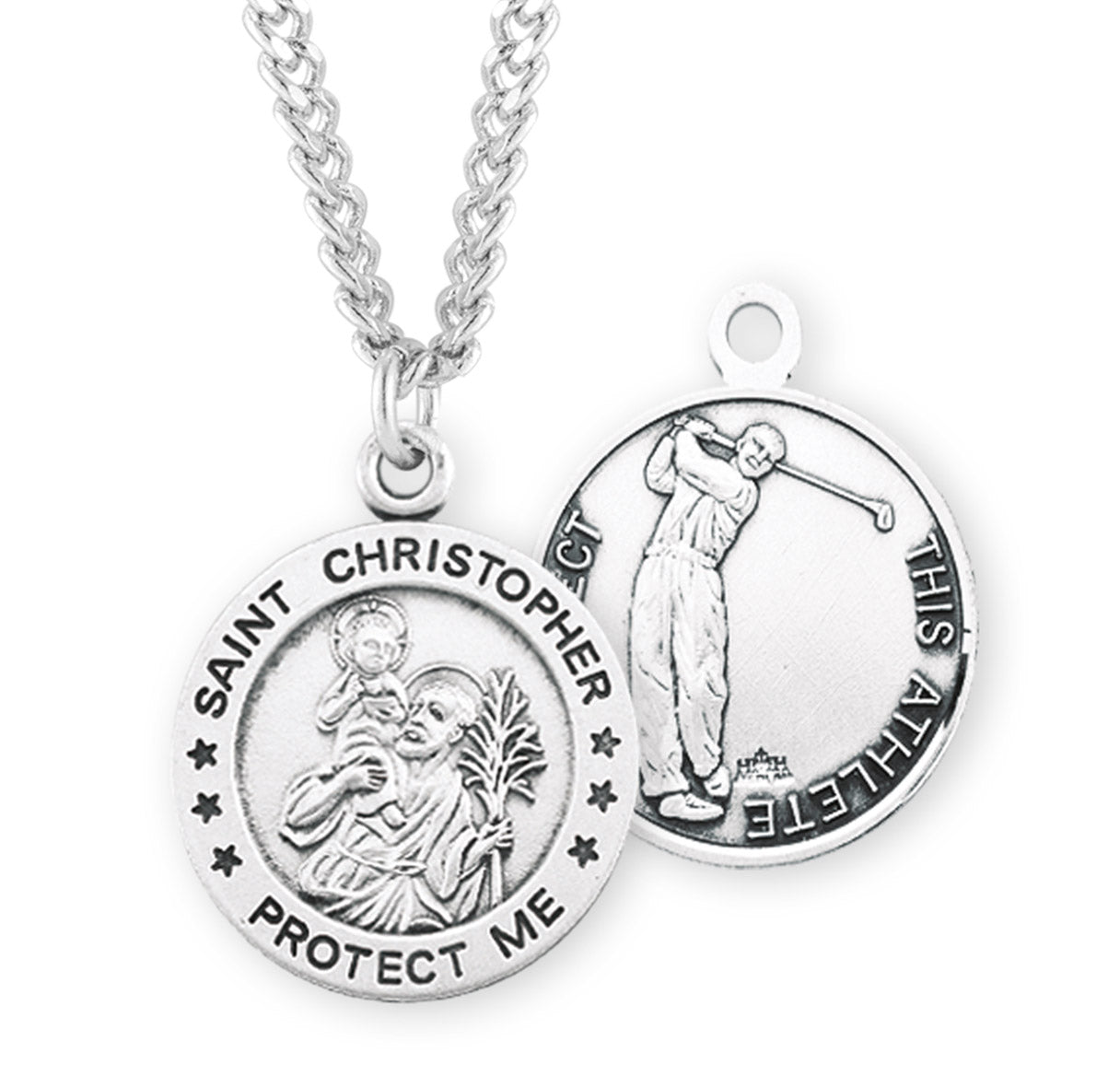 Saint Christopher Round Sterling Silver Golf Male Athlete Medal Pendant with Chain