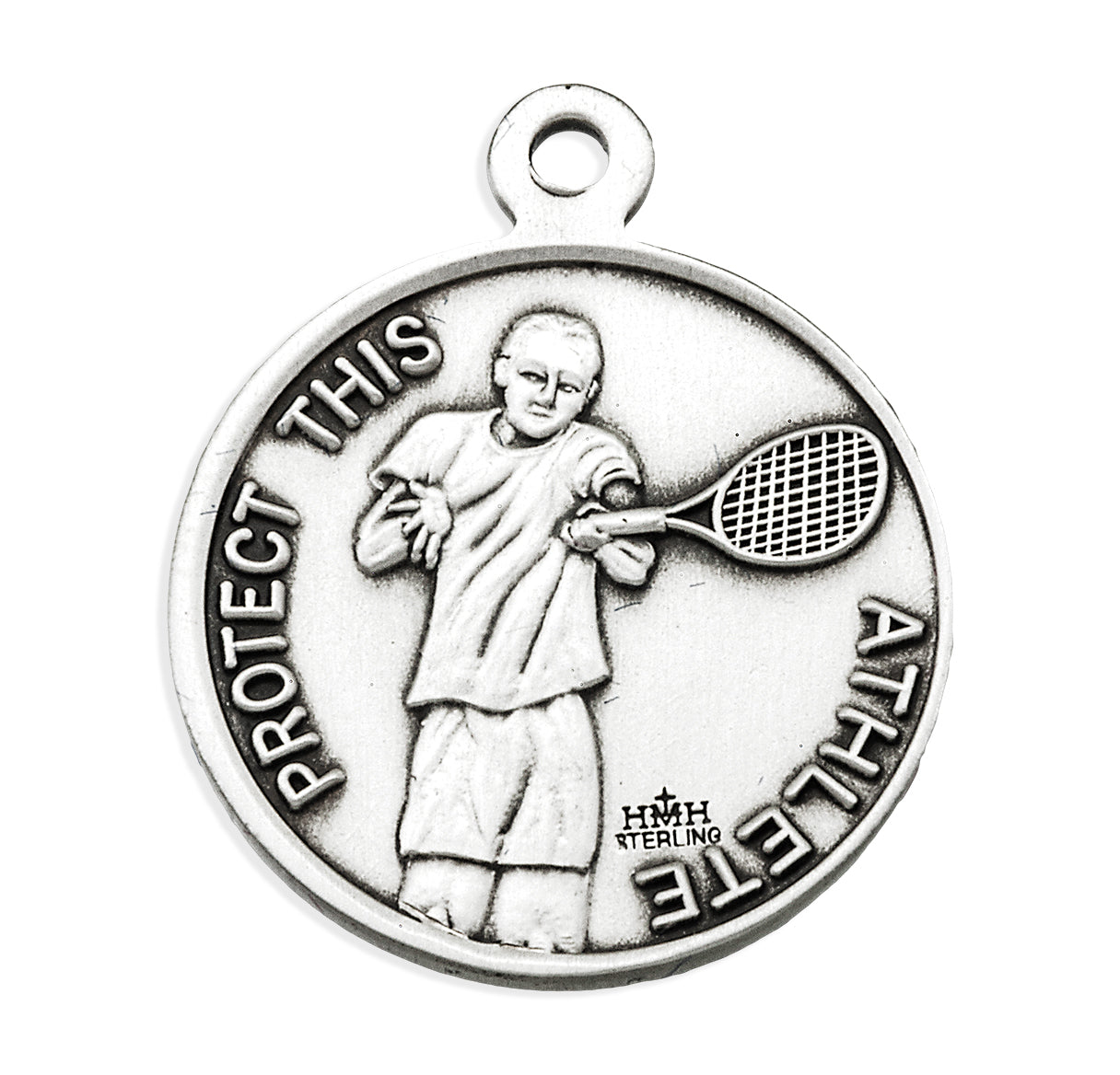 Saint Christopher Round Sterling Silver Tennis Male Athlete Medal Pendant with Chain