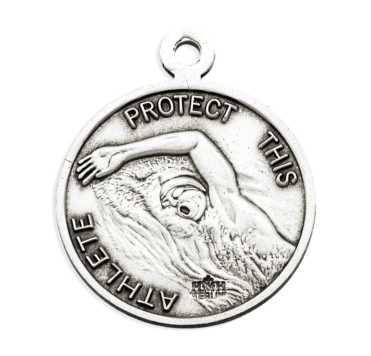 Saint Christopher Round Sterling Silver Swimming Male Athlete Medal Pendant with Chain