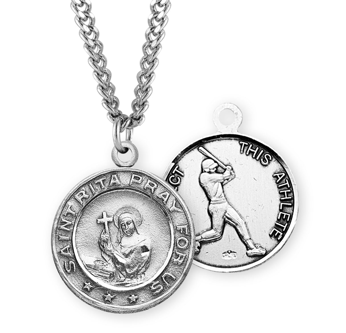 Saint Rita Sterling Silver Baseball Medal Pendant with Chain