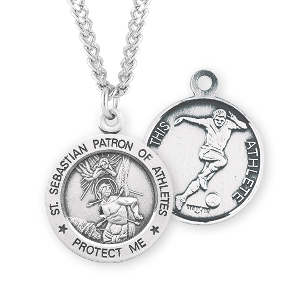 Saint Sebastian Round Sterling Silver Soccer Male Athlete Medal Pendant with Chain