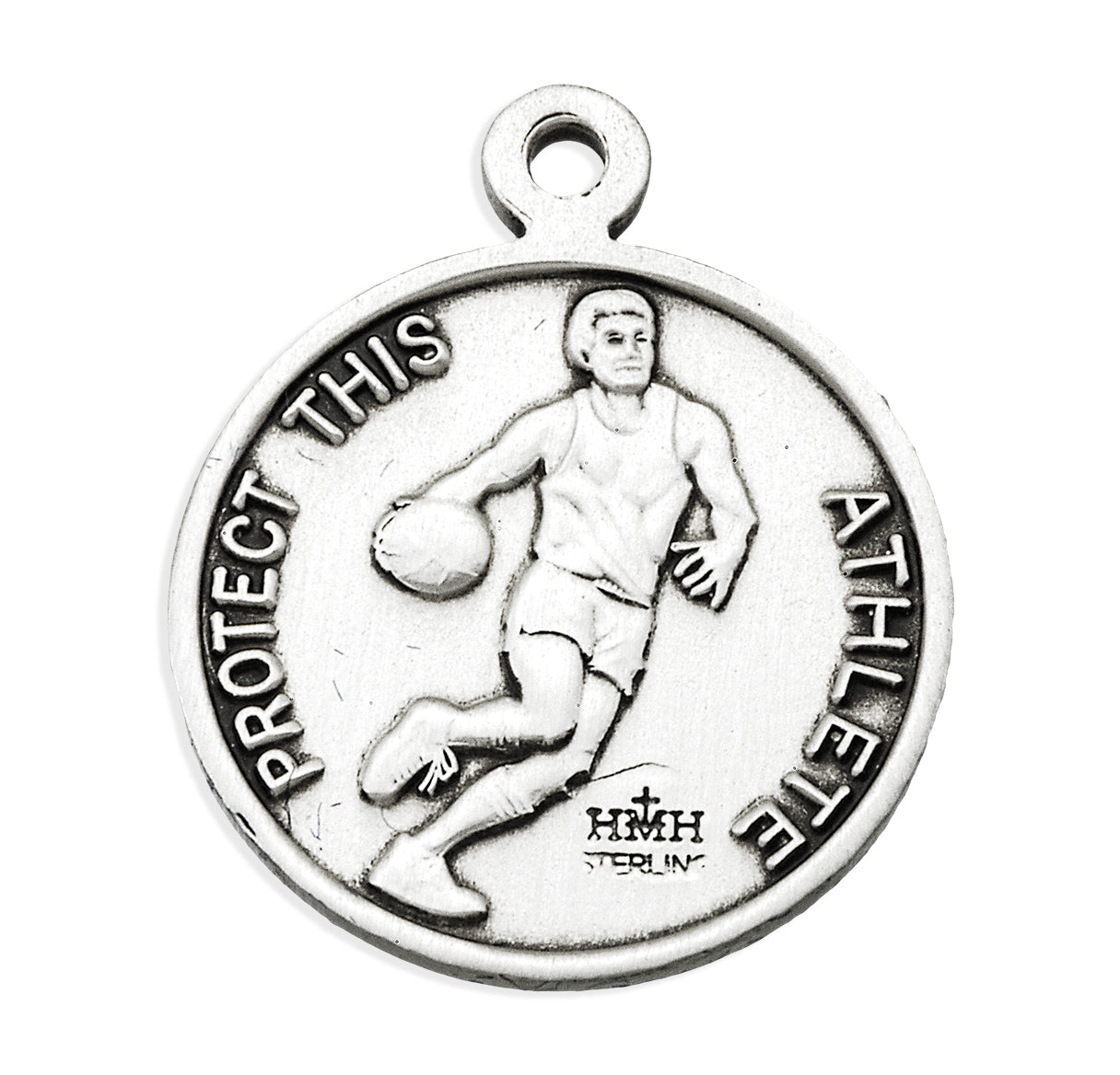 Saint Sebastian Round Sterling Silver Basketball Male Athlete Medal Pendant with Chain