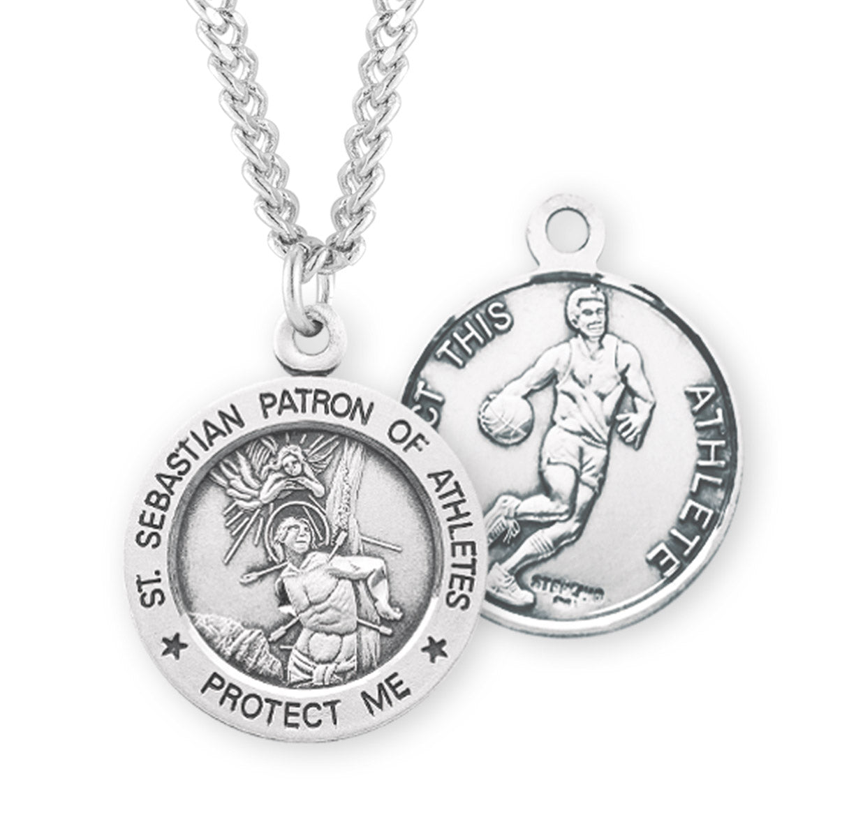 Saint Sebastian Round Sterling Silver Basketball Male Athlete Medal Pendant with Chain