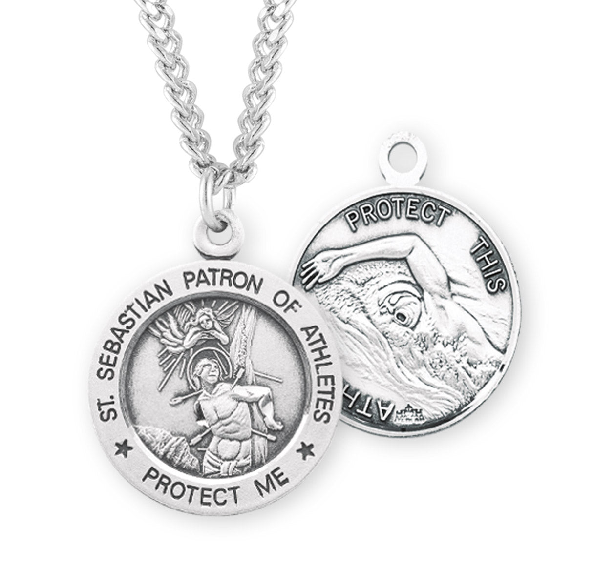 Saint Sebastian Round Sterling Silver Swimming Male Athlete Medal Pendant with Chain