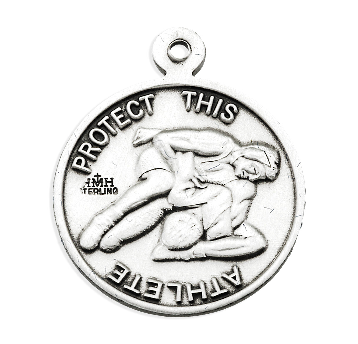Saint Sebastian Round Sterling Silver Wrestling Male Athlete Medal Pendant with Chain
