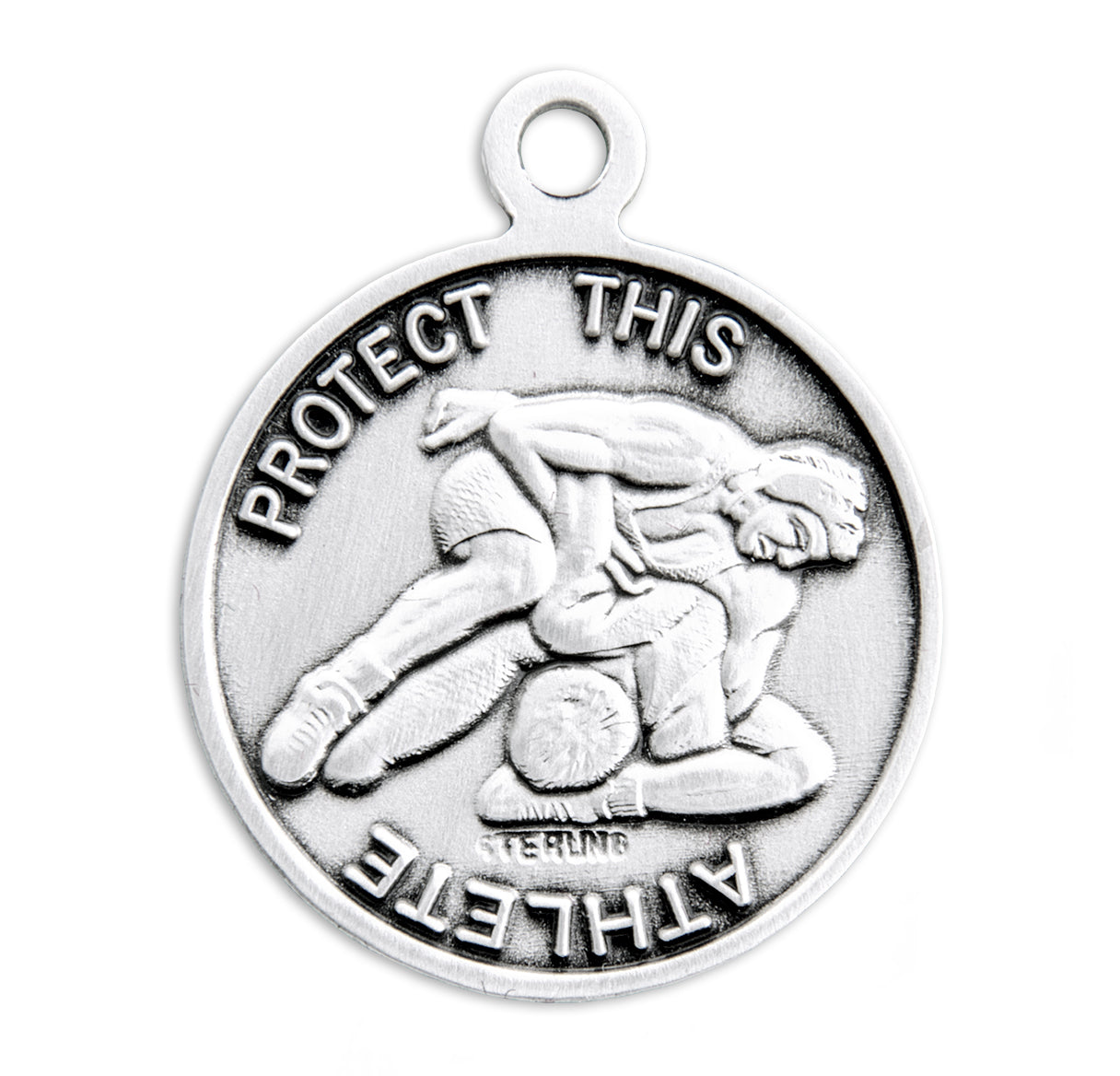 Saint Sebastian Round Sterling Silver Wrestling Male Athlete Medal Pendant with Chain