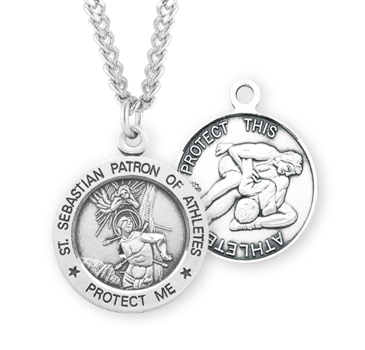 Saint Sebastian Round Sterling Silver Wrestling Male Athlete Medal Pendant with Chain