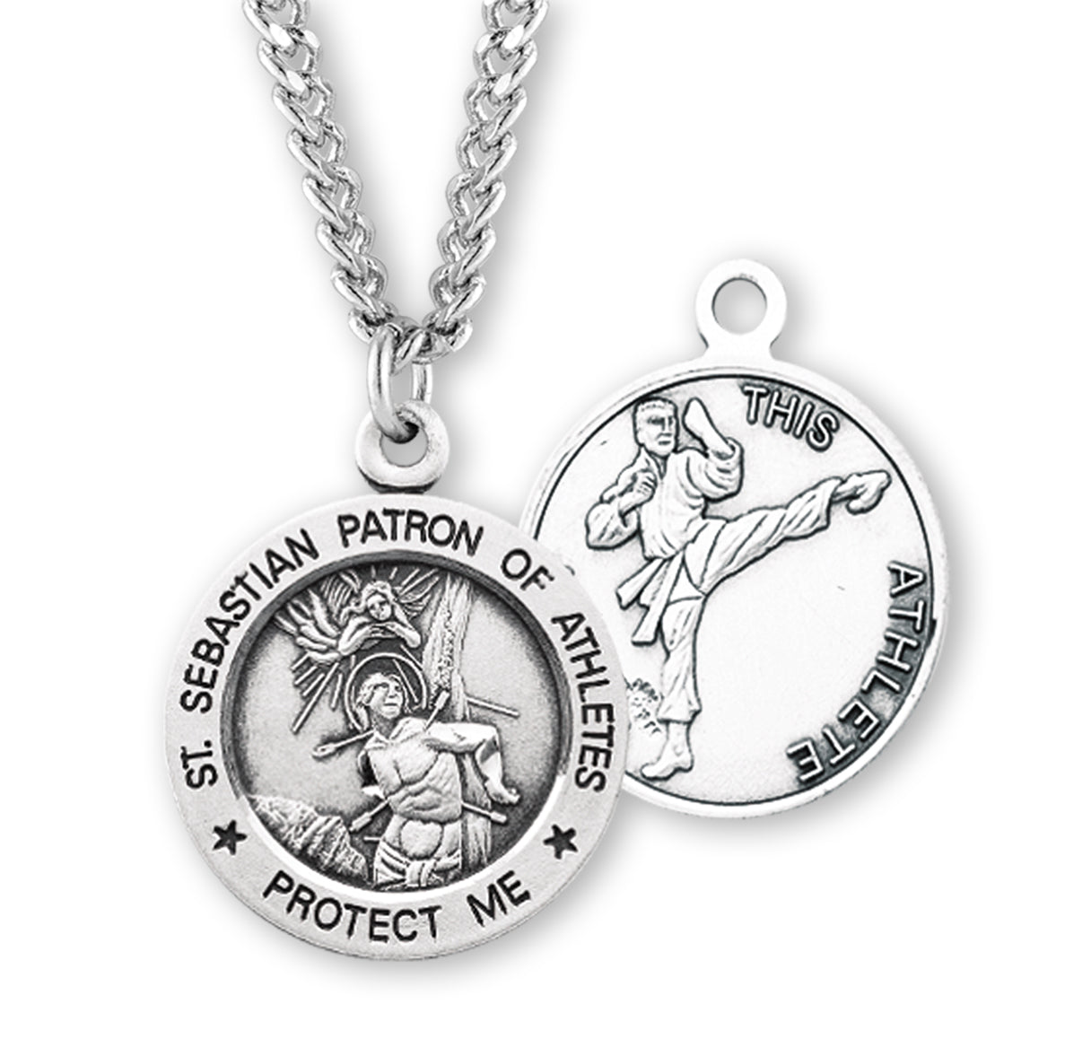Saint Sebastian Round Sterling Silver Martial Arts Male Athlete Medal Pendant with Chain