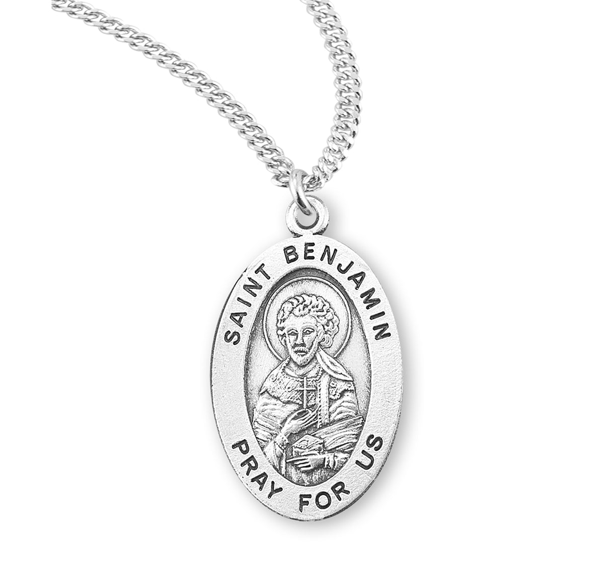 Patron Saint Benjamin Oval Sterling Silver Medal Pendant with Chain