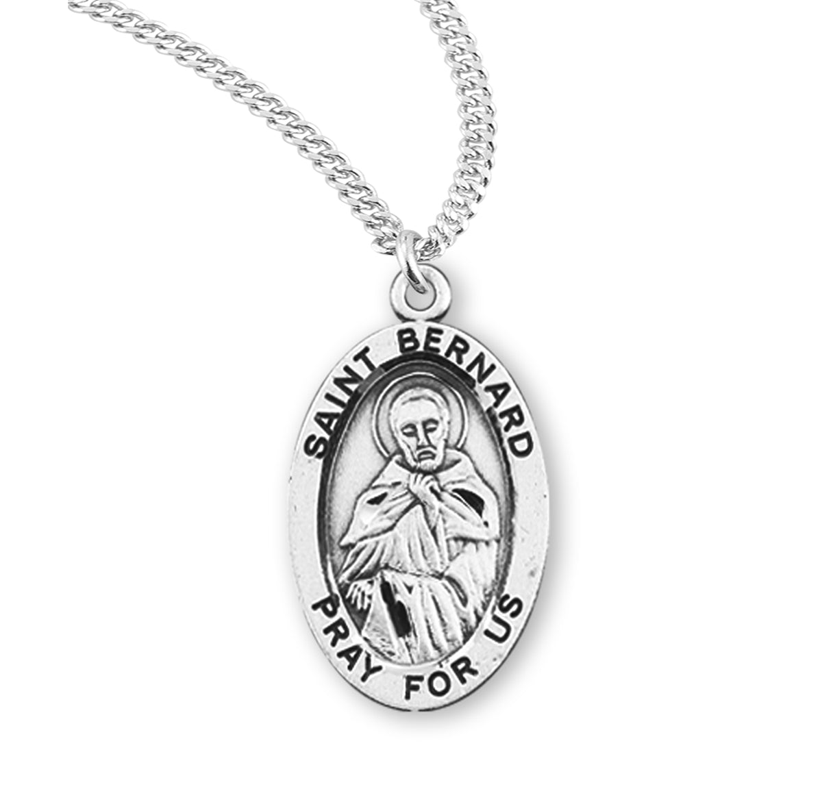 Patron Saint Bernard Oval Sterling Silver Medal Pendant with Chain