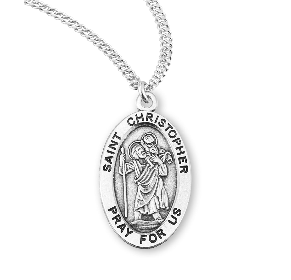 Patron Saint Christopher Oval Sterling Silver Medal Pendant with Chain