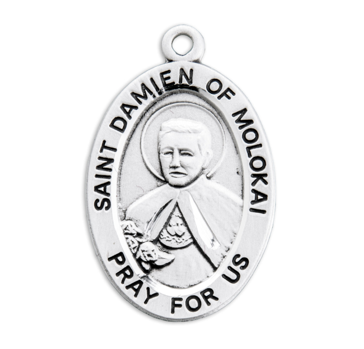 Patron Saint Damian of Molokai Oval Sterling Silver Medal Pendant with Chain