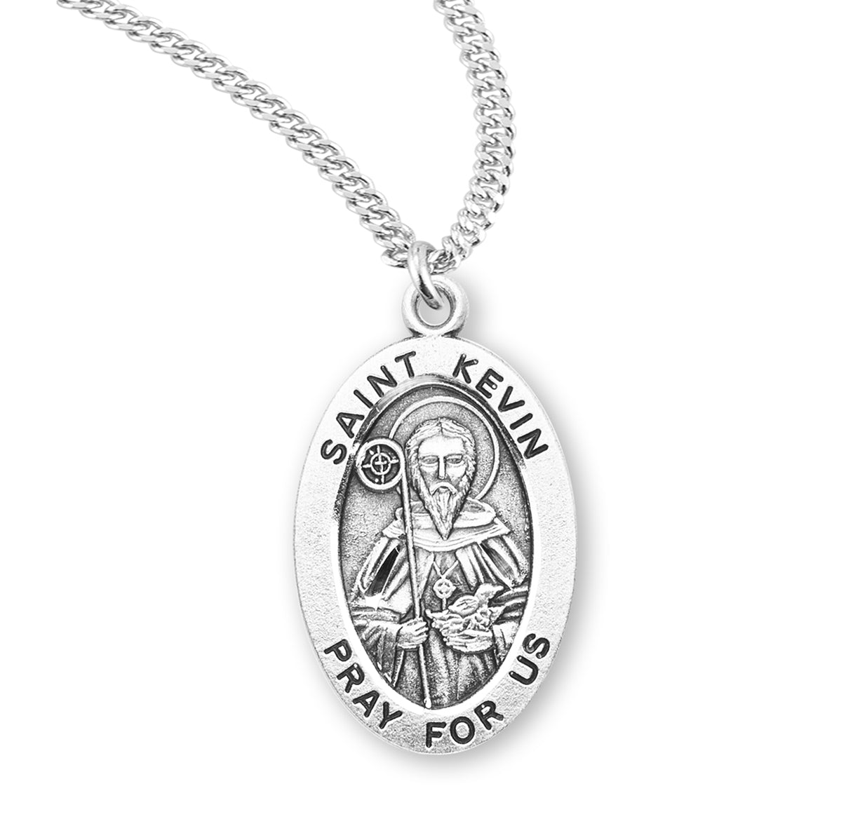 Patron Saint Kevin Oval Sterling Silver Medal Pendant with Chain
