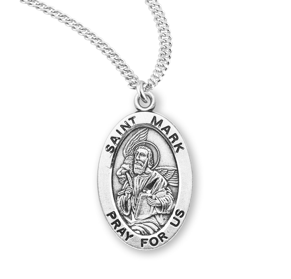 Patron Saint Mark Oval Sterling Silver Medal Pendant with Chain
