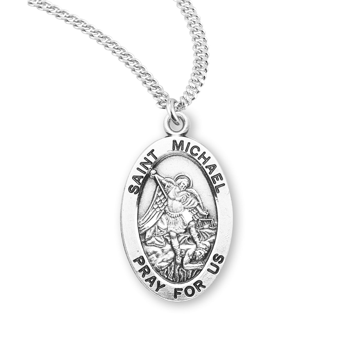 Patron Saint Michael Oval Sterling Silver Medal Pendant with Chain
