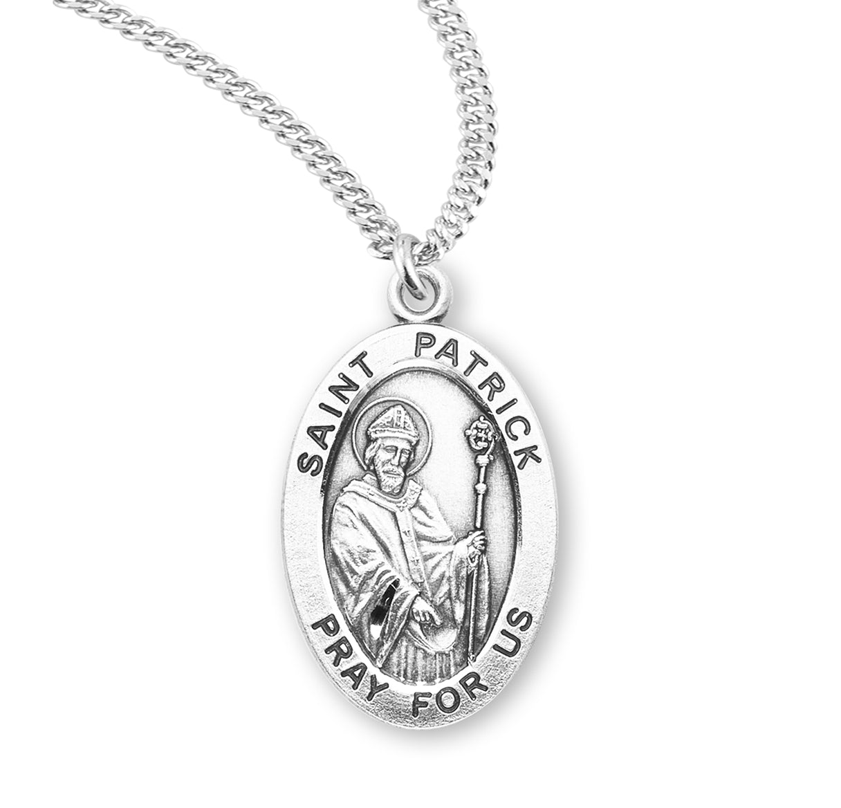 Patron Saint Patrick Oval Sterling Silver Medal Pendant with Chain
