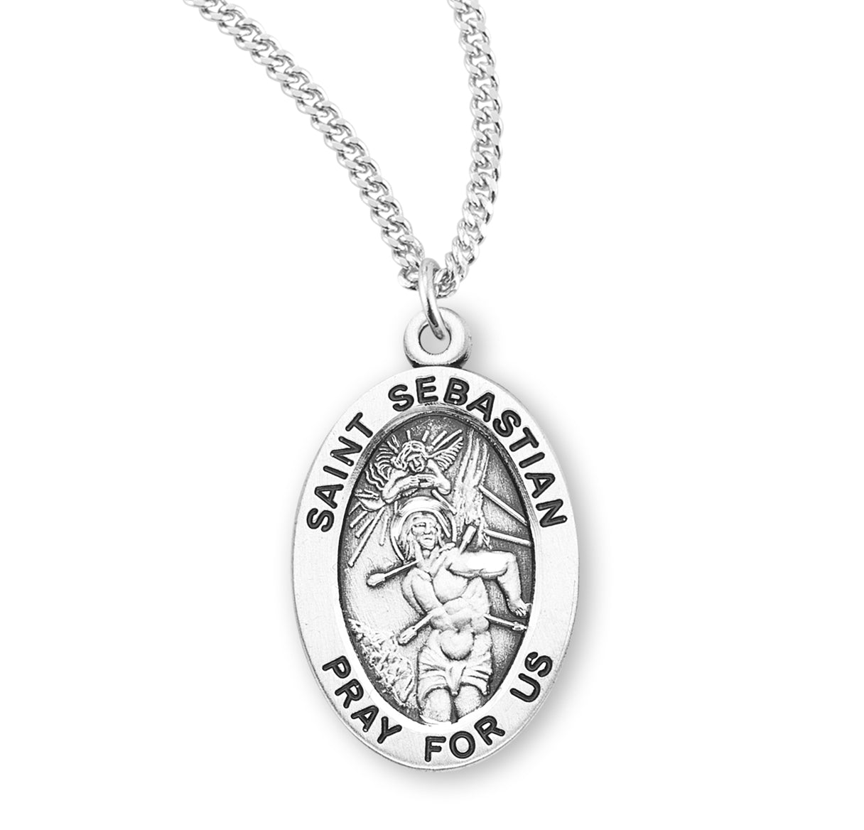 Patron Saint Sebastian Oval Sterling Silver Medal Pendant with Chain